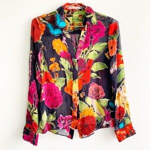 ALICE AND OLIVIA silk blend burn out floral butterfly multicolor blouse top S